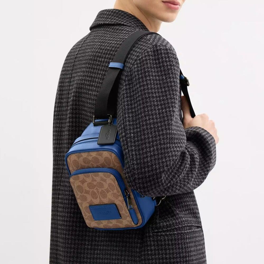 ❤️ Coach Racer Sling Pack Tan/Blue - Picture 2 of 12